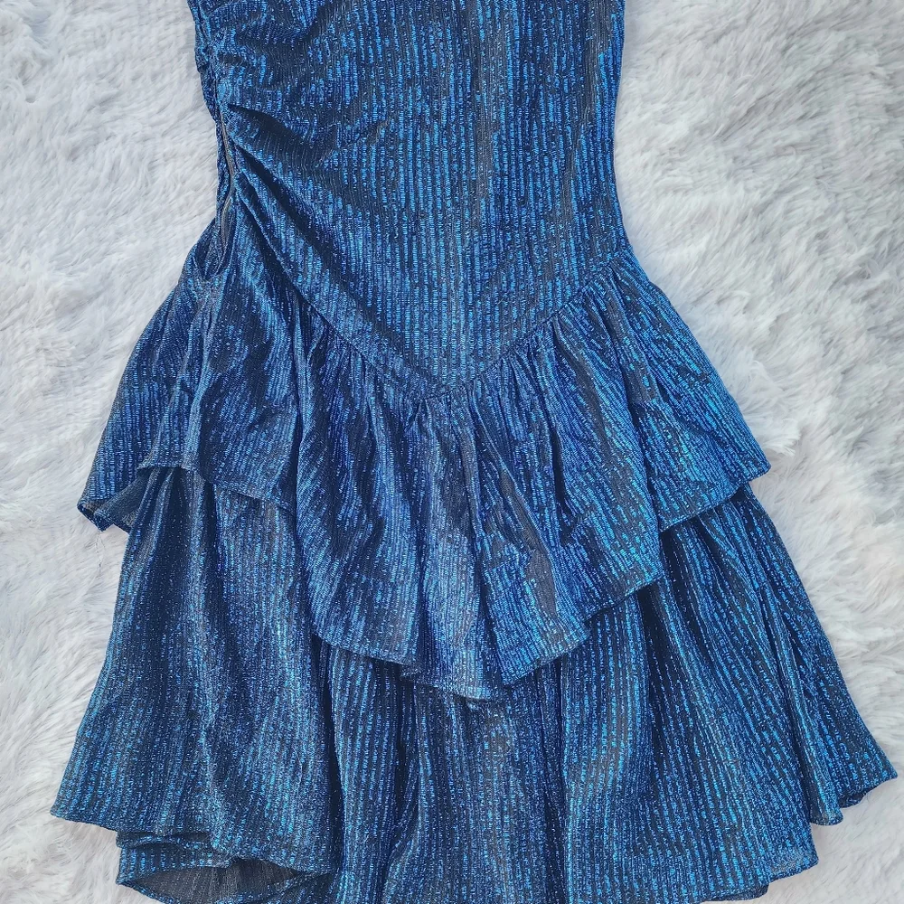 Stash‎ Vintage 1980s Metallic Blue One Shoulder Ruffle Prom Dress - Picture 9 of 10